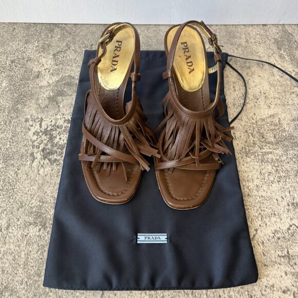 Prada  Vintage RARE  Leather Brown Fringe  Open Toe Heels Size 36.5 - Picture 1 of 16